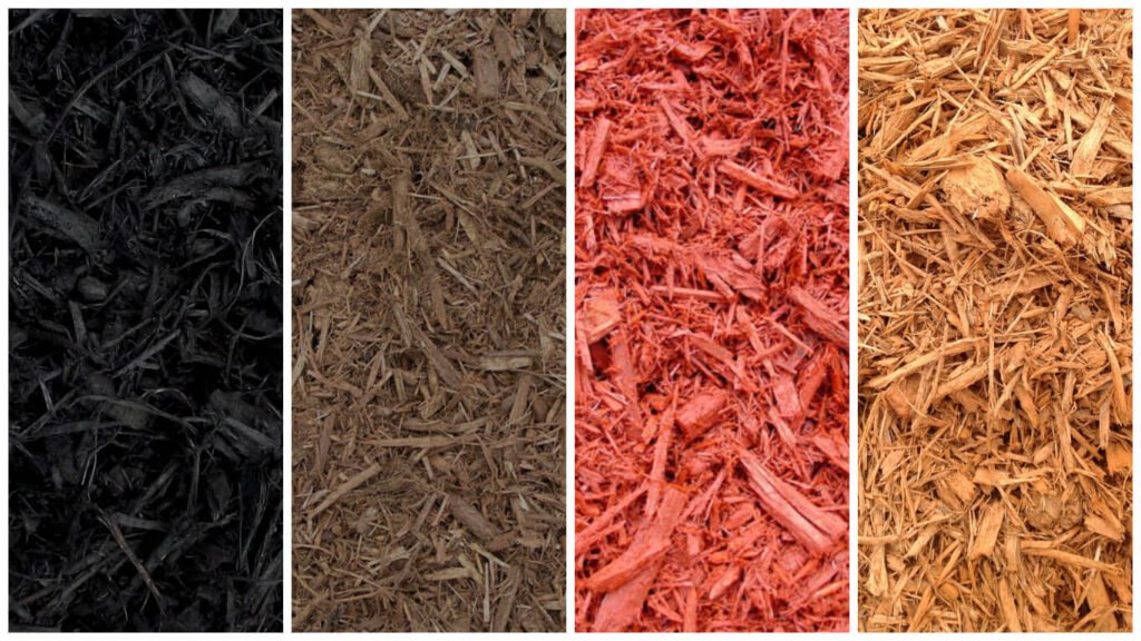Four different colors of mulch. Black, brown, red, and blonde.